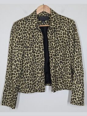 Vtg 90s Y2K Leopard Print Silk Linen Zip Up Jacket 10 Grunge Mobwife Boho Safari